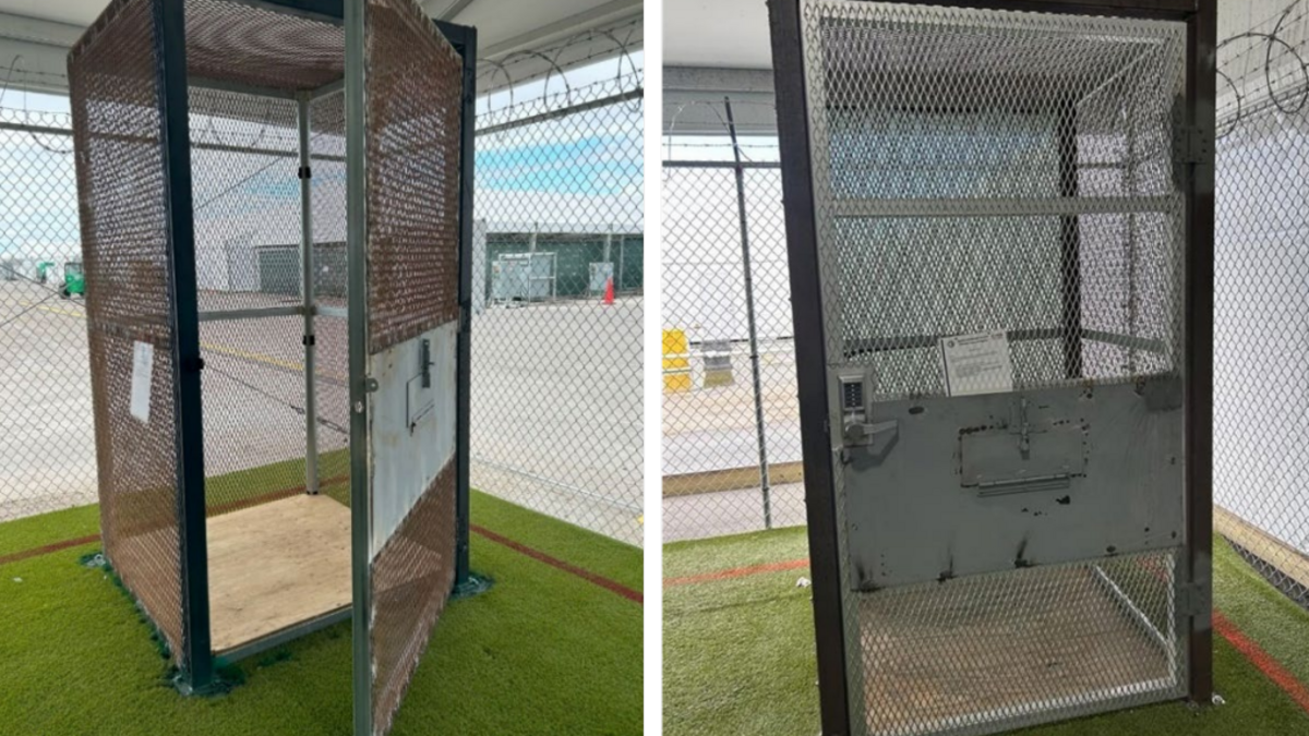 A small metal enclosure at the since-closed Florida facility dubbed “Alligator Alcatraz” was called “the box” by detainees A small metal enclosure at the since-closed Florida facility dubbed “Alligator Alcatraz” was called “the box” by detainees
